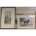 Beth Walters, watercolour, Farmyard scene, 37 x 17.5cm, together with two prints