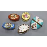 Five enamelled trinket boxes including Staffordshire and Limoges