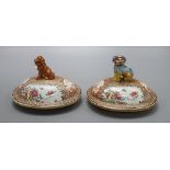 Two 18th century Chinese export famille rose covers, lion dog finials, height 12cm