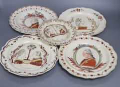 Five Leeds creamware Dutch-decorated orangist portrait plates, late 18th century, four are 25cm