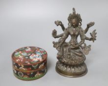 A Japanese cloisonne box and cover and a bronze of Kali, height 16cm