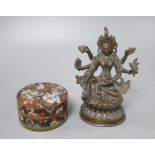 A Japanese cloisonne box and cover and a bronze of Kali, height 16cm