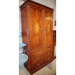 An Edwardian Sheraton revival marquetry inlaid mahogany linen press, W.116cm, D.58cm, H.223cm