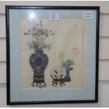 A Chinese painting on silk of antiques and flowers, c.1900,CONDITION: It is undulated and has