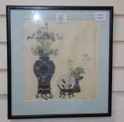 A Chinese painting on silk of antiques and flowers, c.1900,CONDITION: It is undulated and has