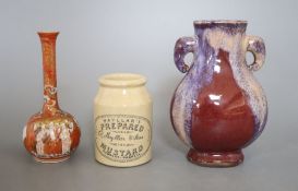 A Sang de Boeuf vase, a Kutani vase and a pottery mustard pot, tallest 16cm