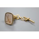 A Regency gold seal with chalcedony intaglio of a heart with an anchor, with short 18ct gold chain a