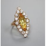 A paste and citrine marquise dress ring, stamped '18ct', finger size L