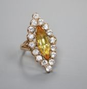 A paste and citrine marquise dress ring, stamped '18ct', finger size L