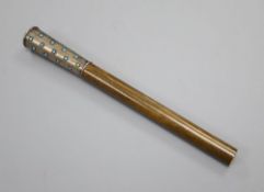 A turquoise enamel and rose cut diamond mounted parasol handle, initialled E