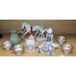 Four Noritake teacups and a Lladro girl with ducks, etc.