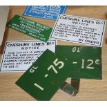 Railwayana: Two enamelled markers and four reproduction signs