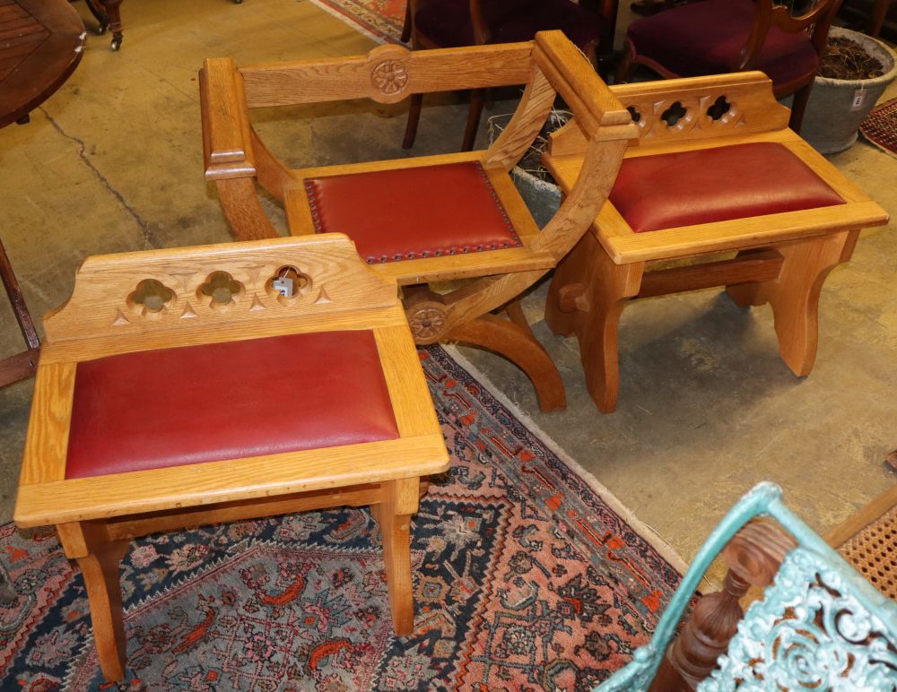 A pair of oak altar stools, largest D74cm, D.40cm, H.70cm and an oak bishop's chair