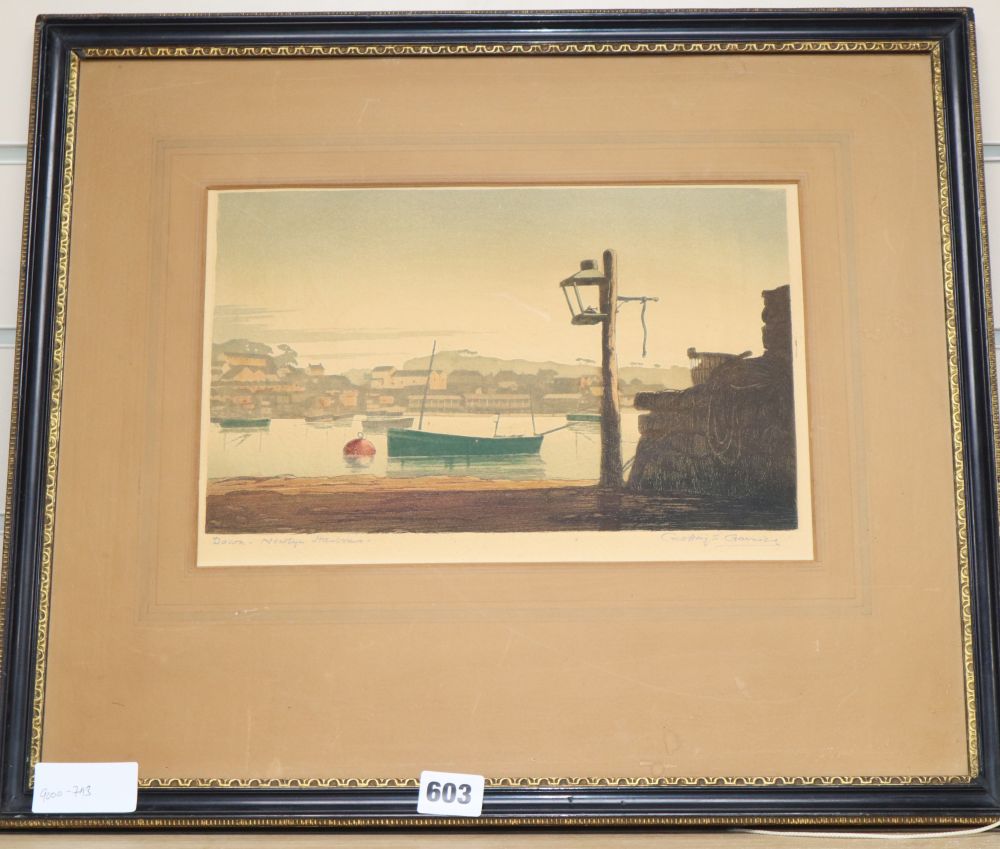 Geoffrey Garrick, coloured etching, 'Dawn, Newlyn Harbour', signed in pencil, 20.5 x 30cm