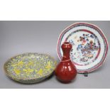 A Chinese sang-de-boeuf vase, a famille rose plate and a phoenix dish, vase H.17cmCONDITION: Famille