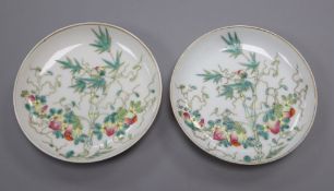 A pair of Chinese famille rose 'fruit and bamboo' saucer dishes, diameter 13cm