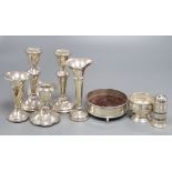 Modern silver - a pair of candlesticks, a coaster, two trumpet vases, a dwarf candlestick, a