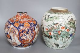 A Chinese famille verte vase and an Imari vase, tallest 24cm (a.f.)