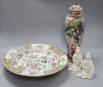 A Chinese famille rose crackle glaze vase and cover, two blanc-de-chine figures and a Canton dish,