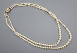 A double row cultured pearl necklace with pearl clasp, 20.5cm drop