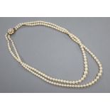 A double row cultured pearl necklace with pearl clasp, 20.5cm drop