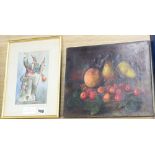 G W Harris, oil on canvas, 'Still life of fruit', 25.5 x 30.5cm, unframed and an Uzbek watercolour