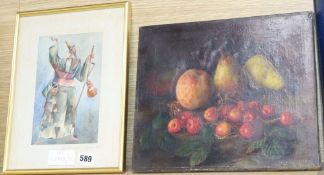 G W Harris, oil on canvas, 'Still life of fruit', 25.5 x 30.5cm, unframed and an Uzbek watercolour
