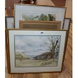 John Powley (Wapping Group), eight various watercolour landscapes, largest 34.5 x 48cm