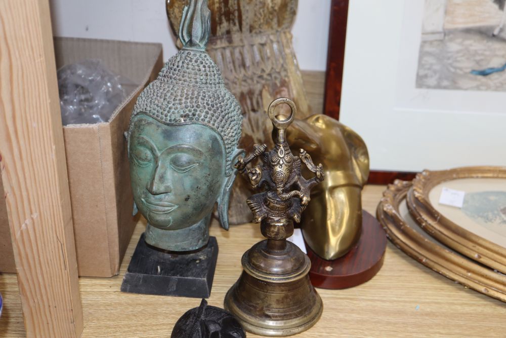 Mixed collectables including a Buddha head, 'Ganesh' bell, a European grain scoop, a bronze dog - Image 3 of 5