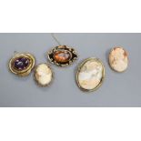 3 cameo brooches, a mourning brooch and one other brooch