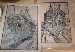 Two woodblock prints by Heinrick Hulland, Stern of the Old Implacable and Bowels of the Old