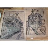 Two woodblock prints by Heinrick Hulland, Stern of the Old Implacable and Bowels of the Old