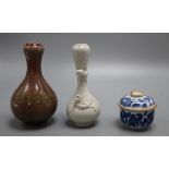 Two Chinese vases and a similar blue and white box and cover, tallest 16cmCONDITION: The cover of