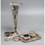 Small silver consisting:- a George V specimen vase, a pair of George III sugar tongs, a George V