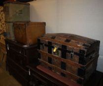 An early 20th century metal bound domed topped steamer trunk, W.76cm, a leather bound trunk and