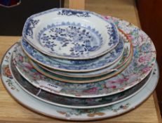 A collection of Oriental chargers and plates, including a modern Chinese millefiore large dish, a