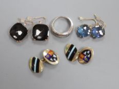 A pair of 9ct gold and enamel cuff links, Birmingham 1926, two pairs of paste earrings stamped '14k'