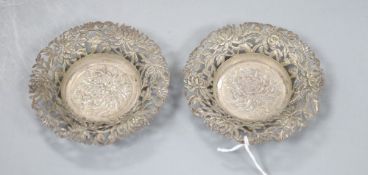 A pair of Chinese Export? pierced white metal bon-bon dishes, maker's mark, LW, 10.7cm, 121 grams.