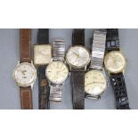 Six assorted gentleman's wrist watches including Timex, Astral, Silver and Rotary.