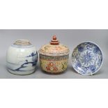 A Chinese blue and white jar, a dish and an Indian porcelain box and cover, tallest 20cmCONDITION: