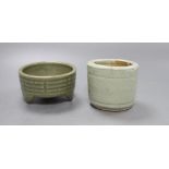 A Chinese celadon glazed tripod brushwasher and another, tallest 8cm