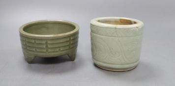 A Chinese celadon glazed tripod brushwasher and another, tallest 8cm