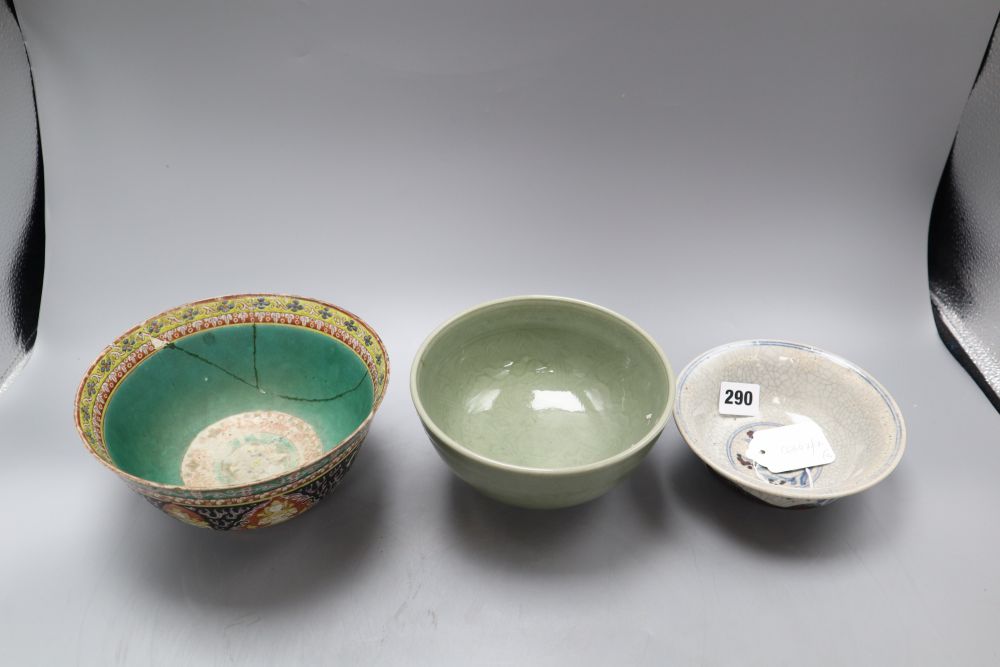 A Chinese celadon bowl, a Thai market famille rose bowl and a crackle glaze bowlCONDITION: The - Image 2 of 8