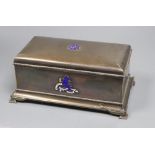 A George VI silver rectangular presentation casket, with enamelled appliques and engraved