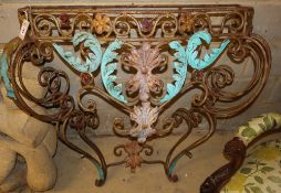 A painted wrought iron console table base, W.110cm, D.41cm, H.110cm