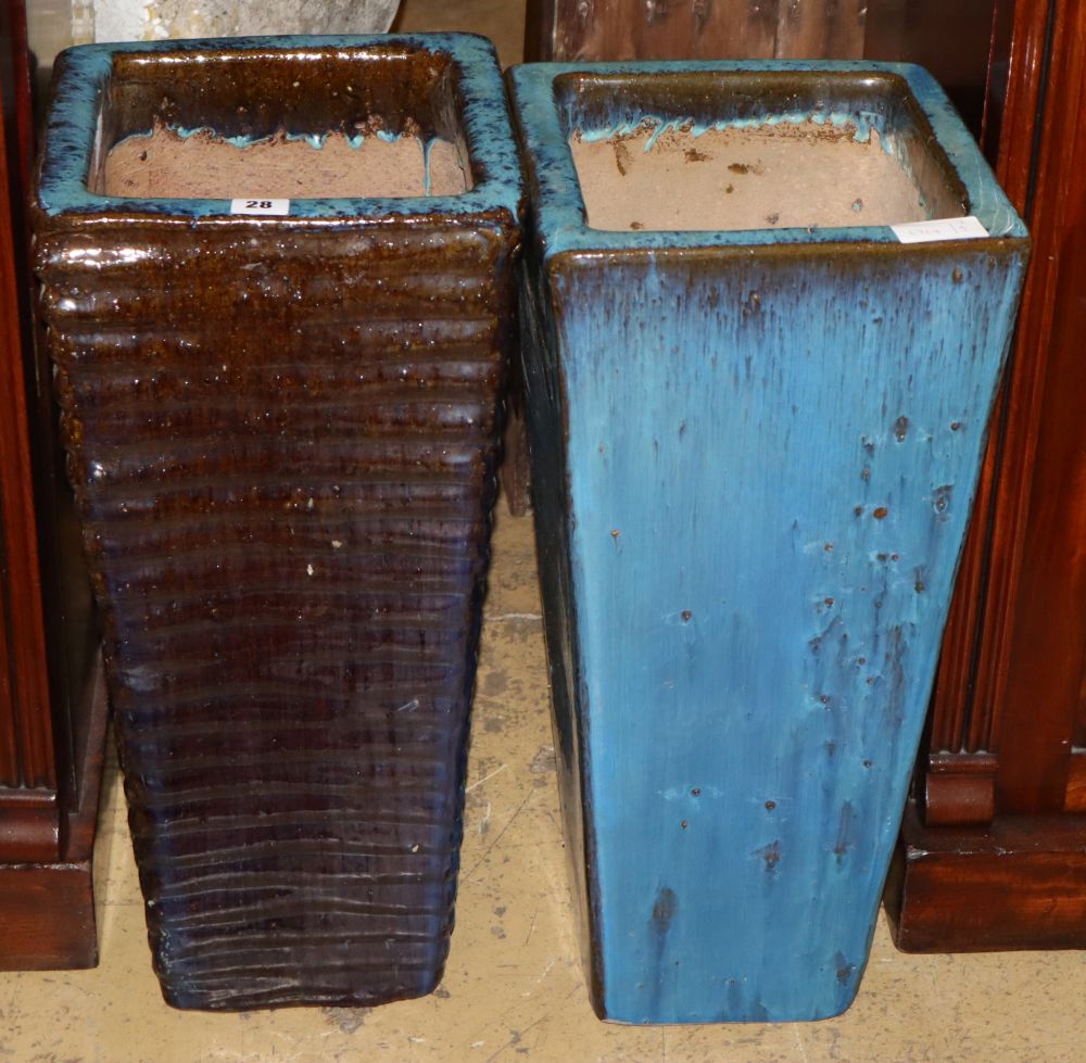 Two blue glazed tall garden planters, W.27cm, H.59cm