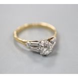 An 18ct and solitaire diamond set ring, in a raised setting, size O, gross weight 3.3 grams.