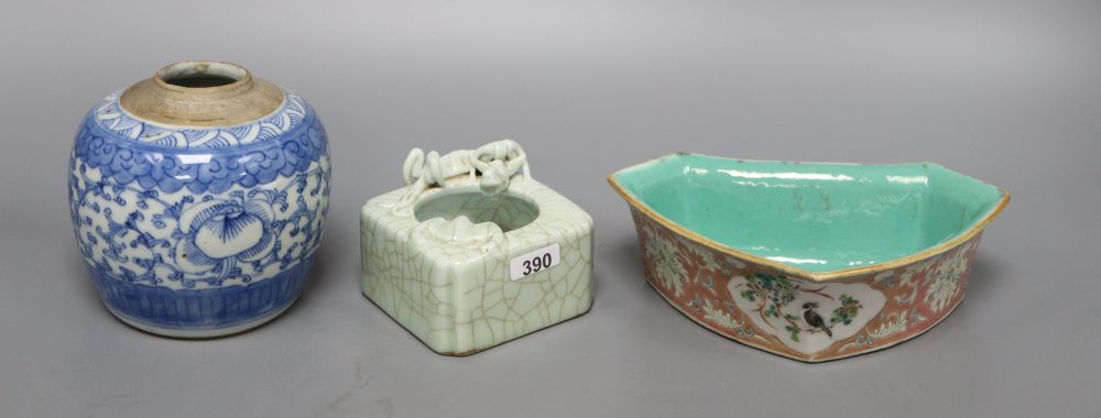 A Chinese blue and white jar, a crackleglazed 'dragon' brush washer and an enamelled dish