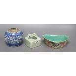 A Chinese blue and white jar, a crackleglazed 'dragon' brush washer and an enamelled dish