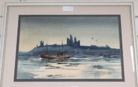 Ronald Lambert Moore (1927-1992), watercolour, Dunstanburgh Castle, Northumberland, signed, 31 x